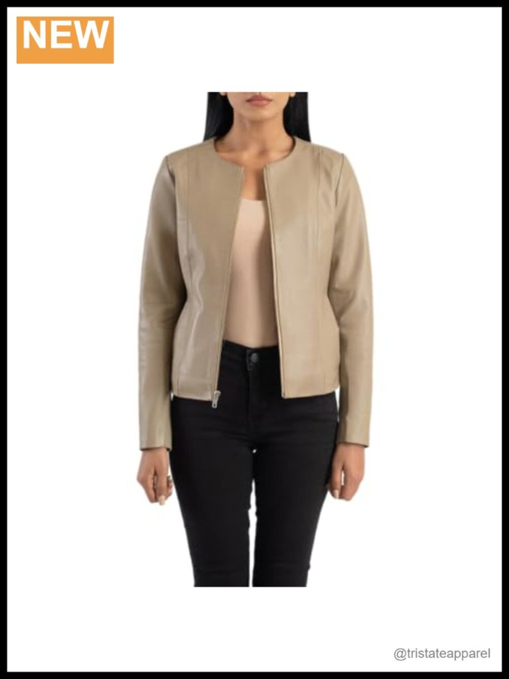 Genuine Lambskin Leather Collarless Motorcycle Jacket Women Zip Biker Coat